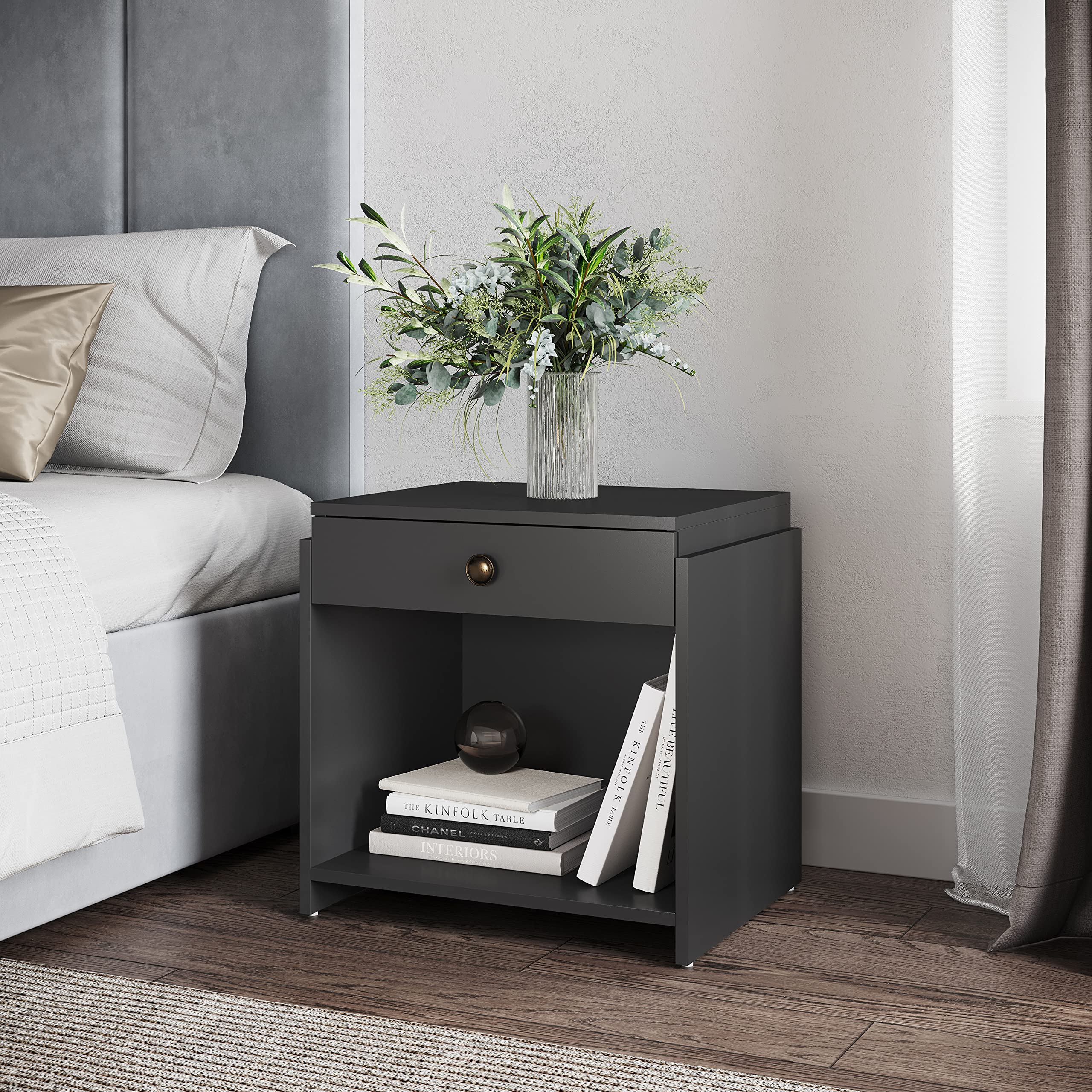 Boyd Sleep Bedroom Nightstand Bedside Table: Sydney Single Drawer Storage With Open Shelving, Black